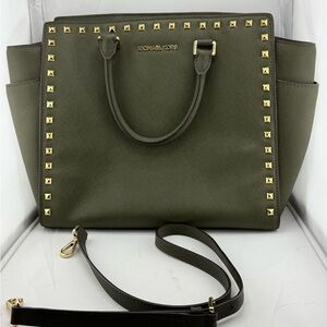 Michael Kors Olive Green Satchel with Gold Studs